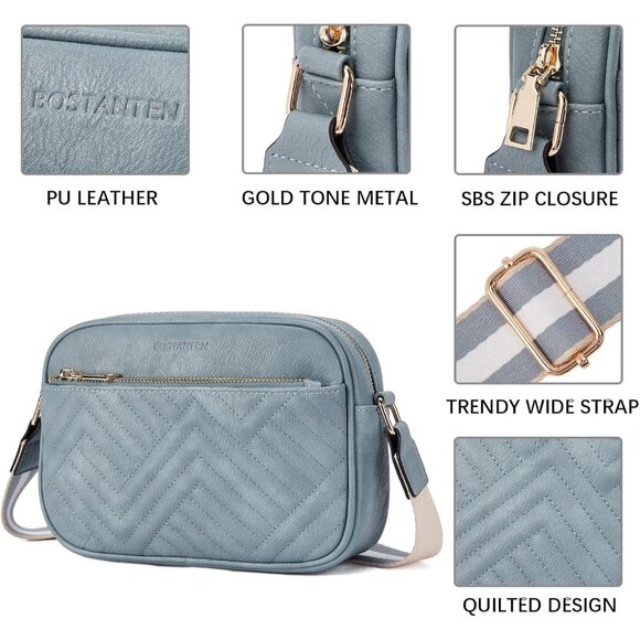 Bostanten Women 0-blue PU leather Small Quilted Crossbody Bags With Wide Strap - Picture 4 of 6